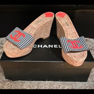 💯Auth CHANEL Cork Platform Wedge Heels Sz8 Excellent Condition